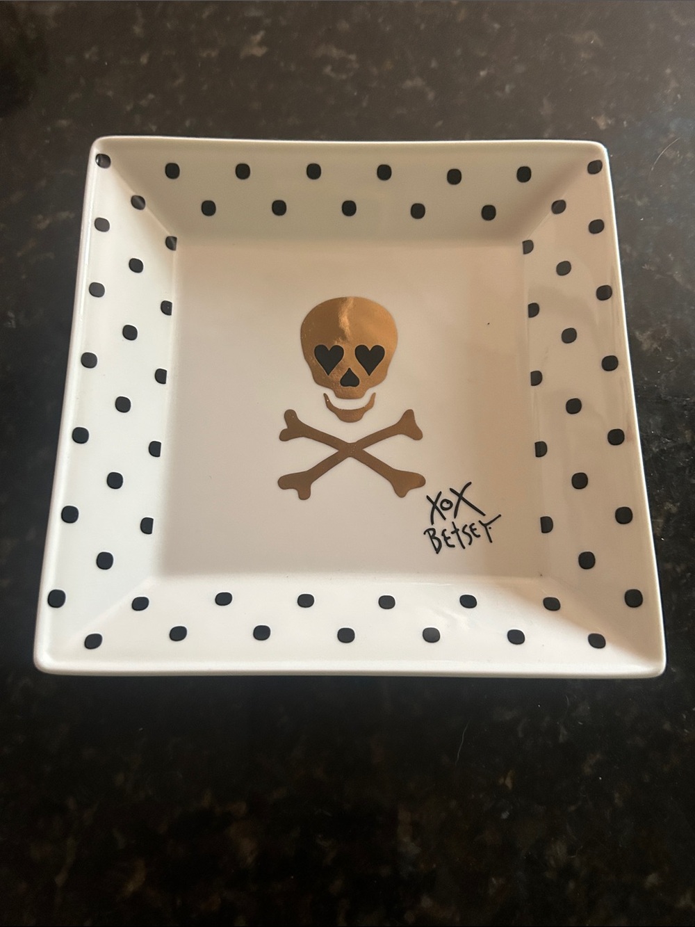 Betsey Johnson White and Gold Polka Dot Skull Ring Dish